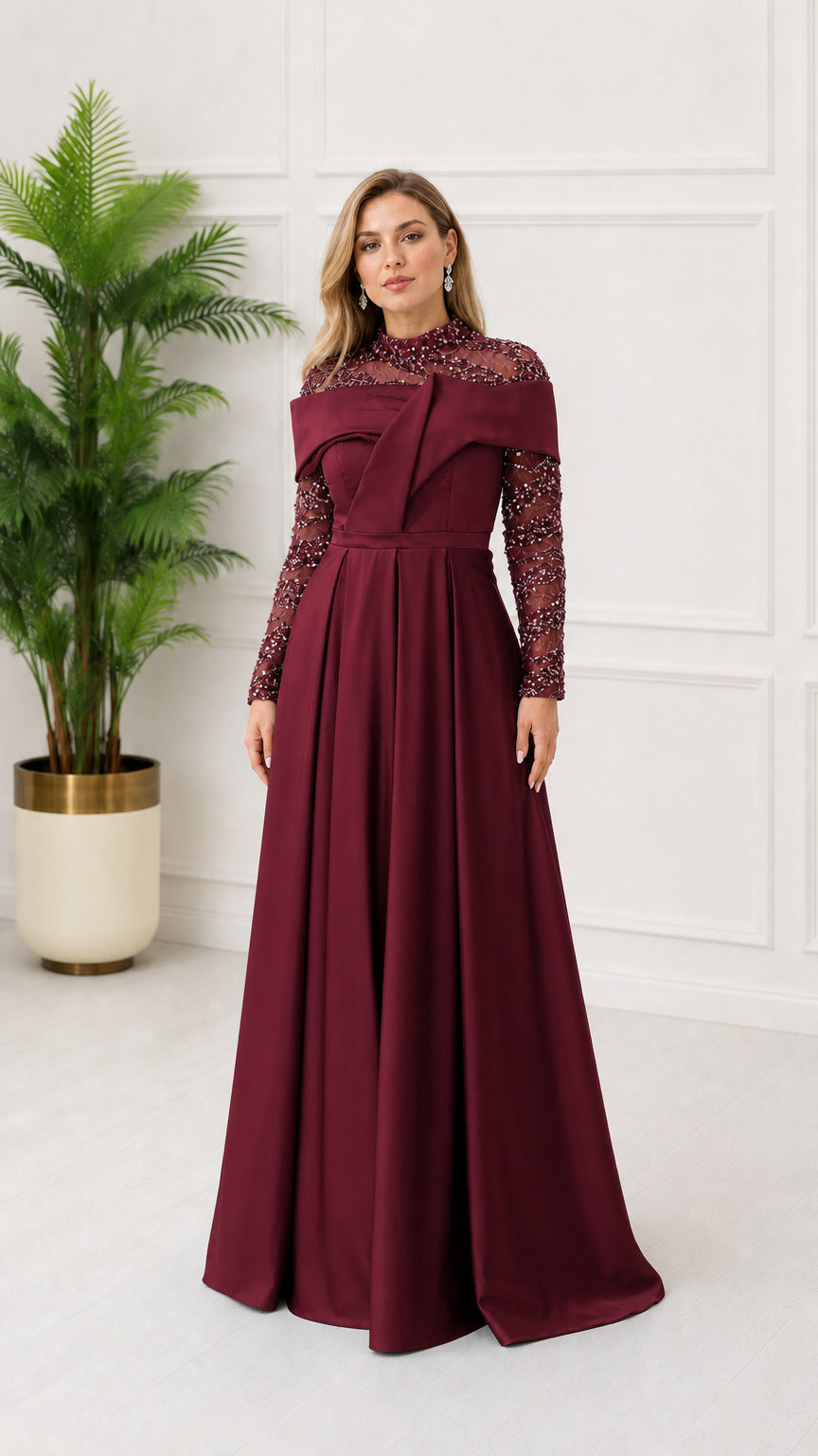 Front view of burgundy long sleeve evening dress