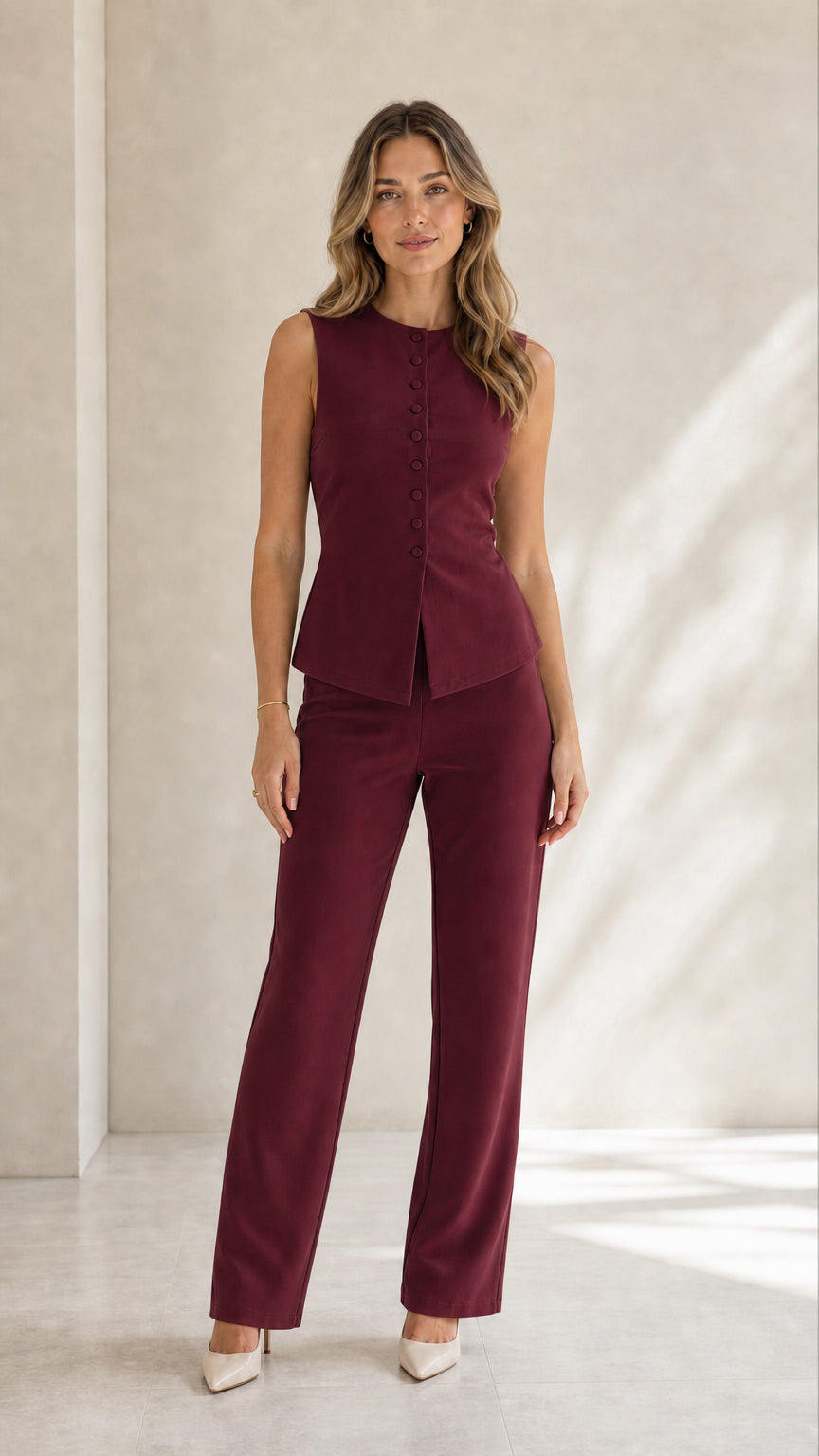 Full view of burgundy two-piece vest and pant set