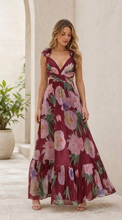 Burgundy floral print maxi dress