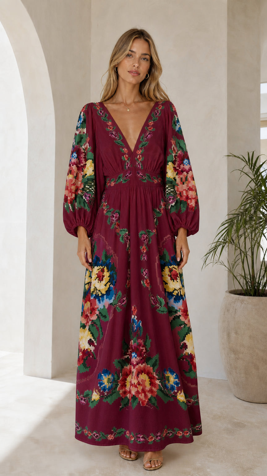 Front view of burgundy floral embroidered maxi dress