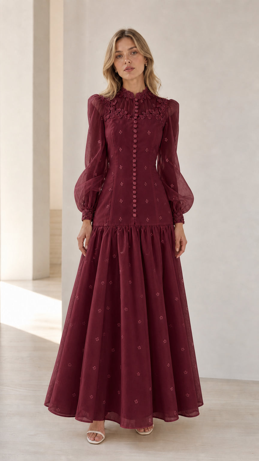 Burgundy wine long sleeve lace embellished maxi dress