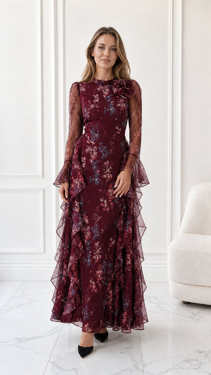 Model wearing burgundy floral chiffon long sleeve maxi dress