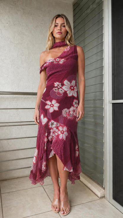 Model wearing deep burgundy one-shoulder floral print ruffle midi dress