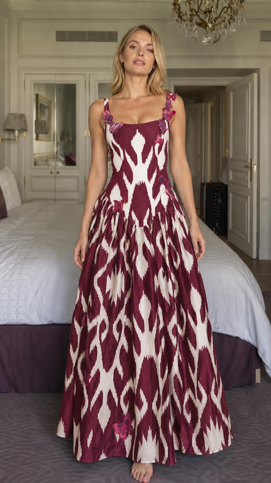 Woman wearing burgundy ikat print maxi dress with butterflies