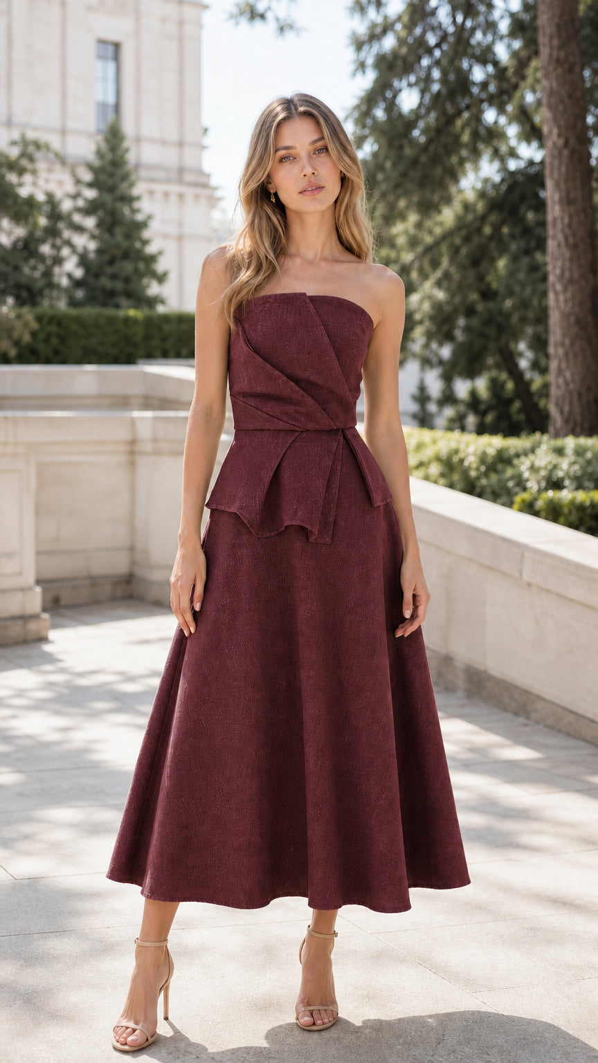 Model wearing burgundy strapless pleated peplum midi dress