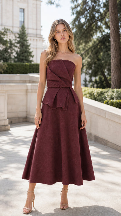 Model wearing burgundy strapless pleated peplum midi dress