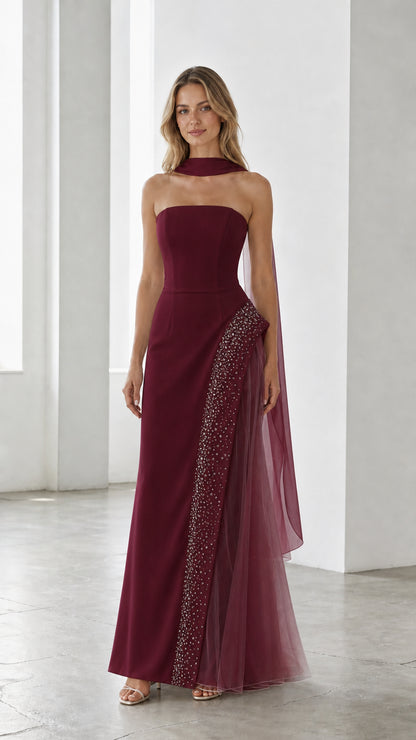 Burgundy strapless evening gown with matching burgundy scarf