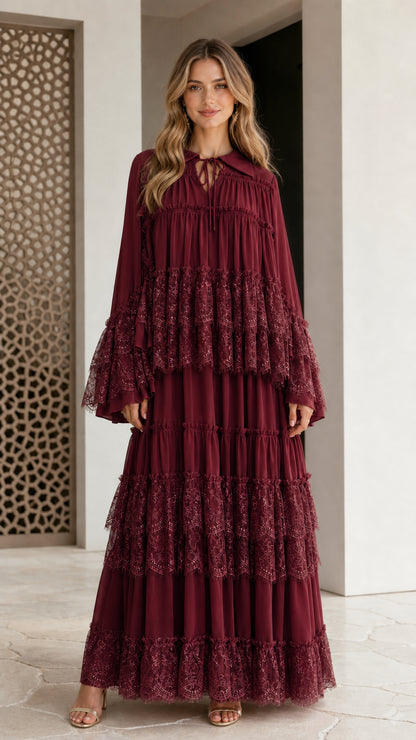 Burgundy wine tiered lace long sleeve maxi dress front view