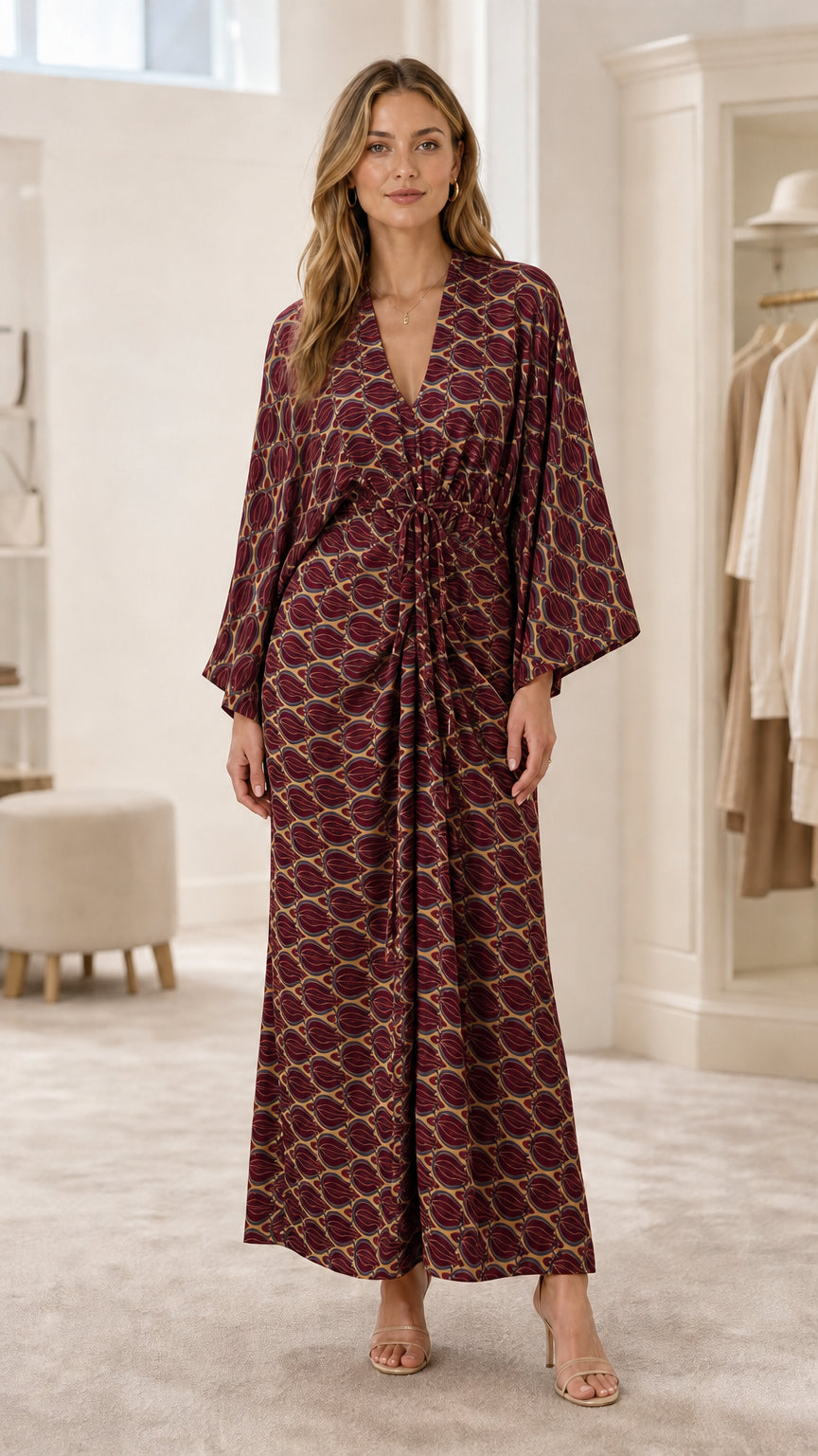 Model wearing burgundy geometric print maxi dress