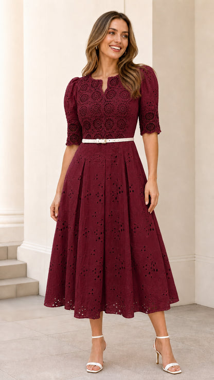 Front full view of burgundy eyelet midi dress