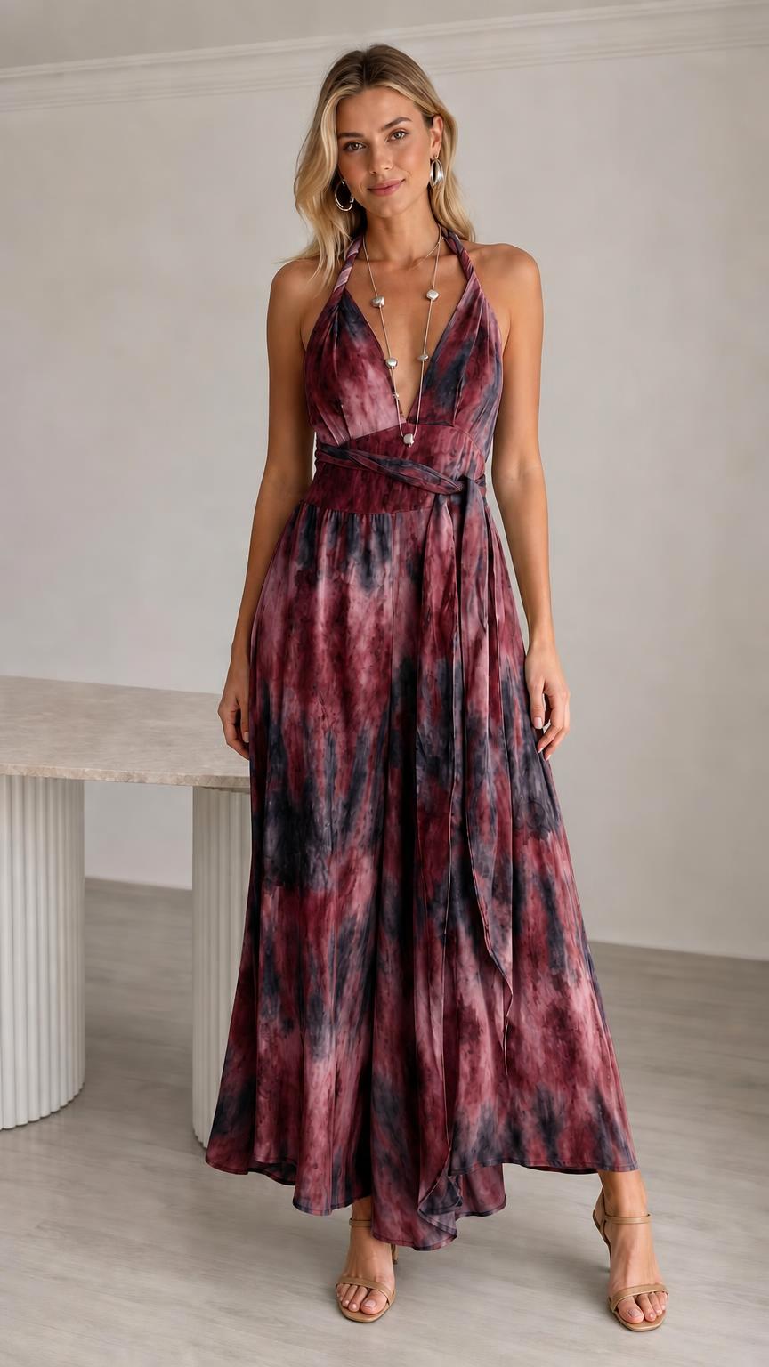 Model wearing wine tie-dye halter neck maxi jumpsuit