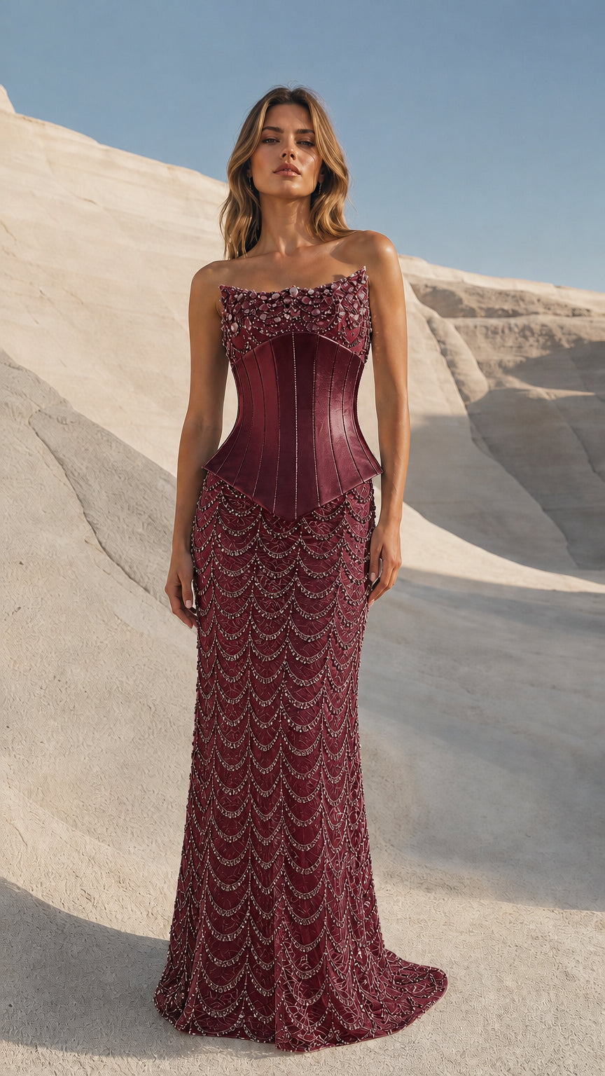 Front view of model wearing Burgundy strapless beaded evening gown with corset waist