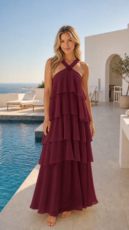 Front view of burgundy wine tiered ruffle halter maxi dress