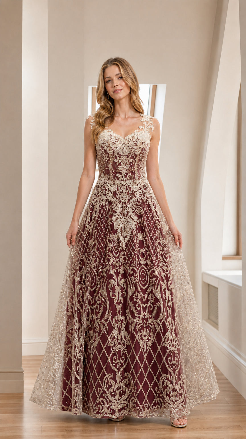 Burgundy variant of the embroidered A-line evening gown