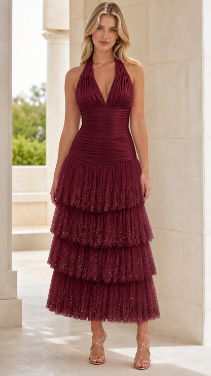 Burgundy halter neck tiered midi dress front view