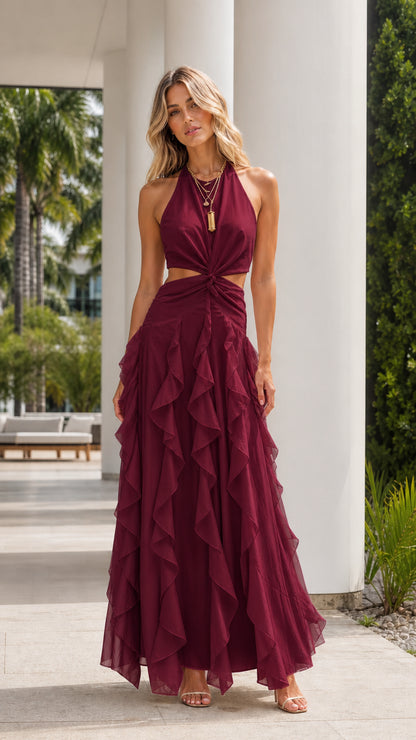 Burgundy halter neck cutout tiered ruffle elegant maxi dress