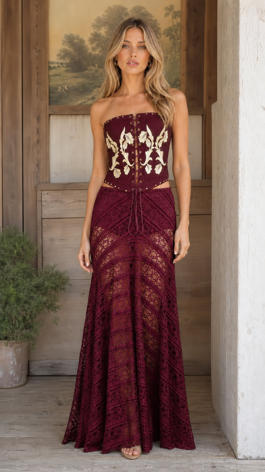Front view of burgundy bohemian lace two-piece set