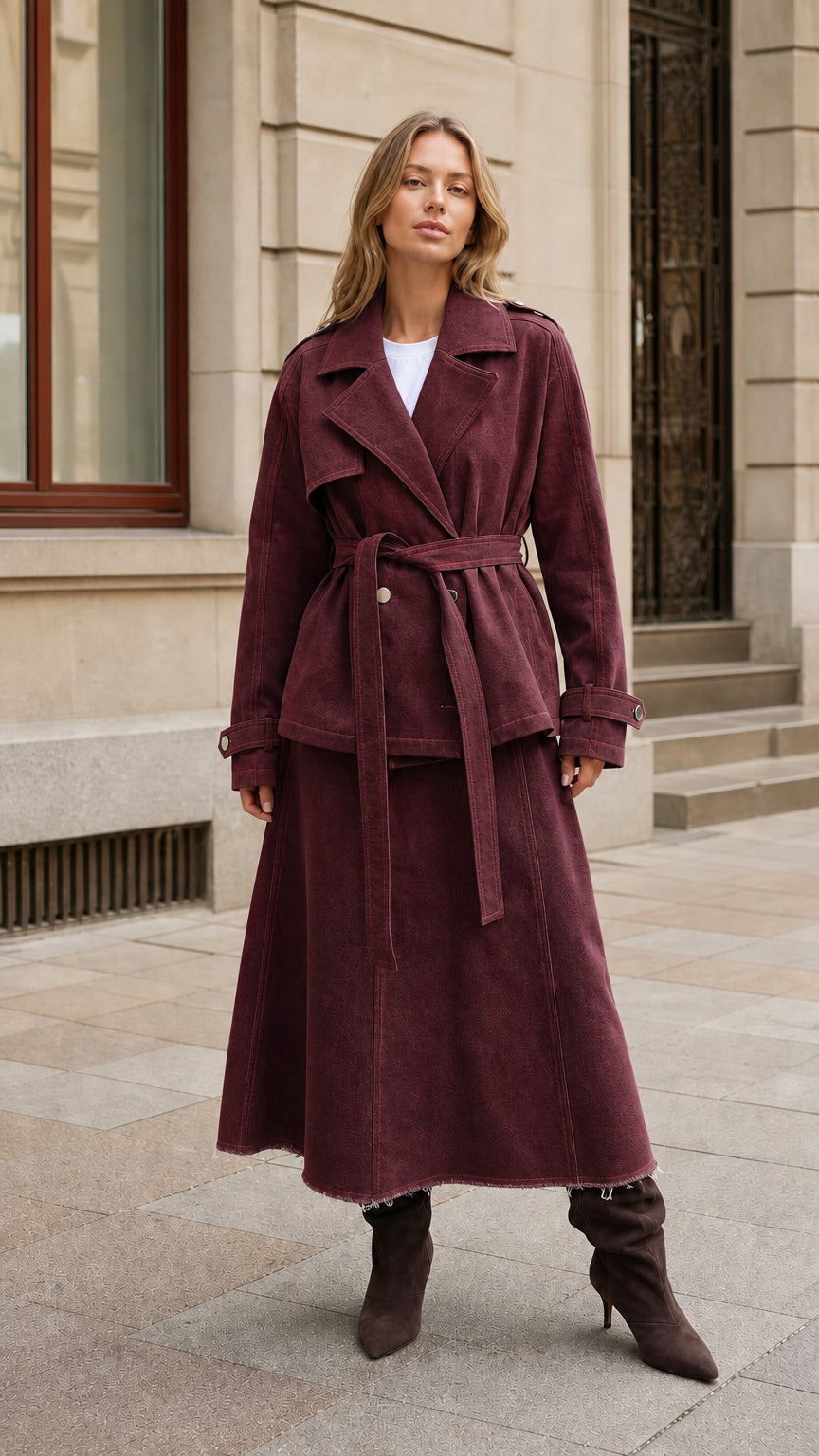 Woman wearing Burgundy wine belted trench jacket and raw hem skirt set