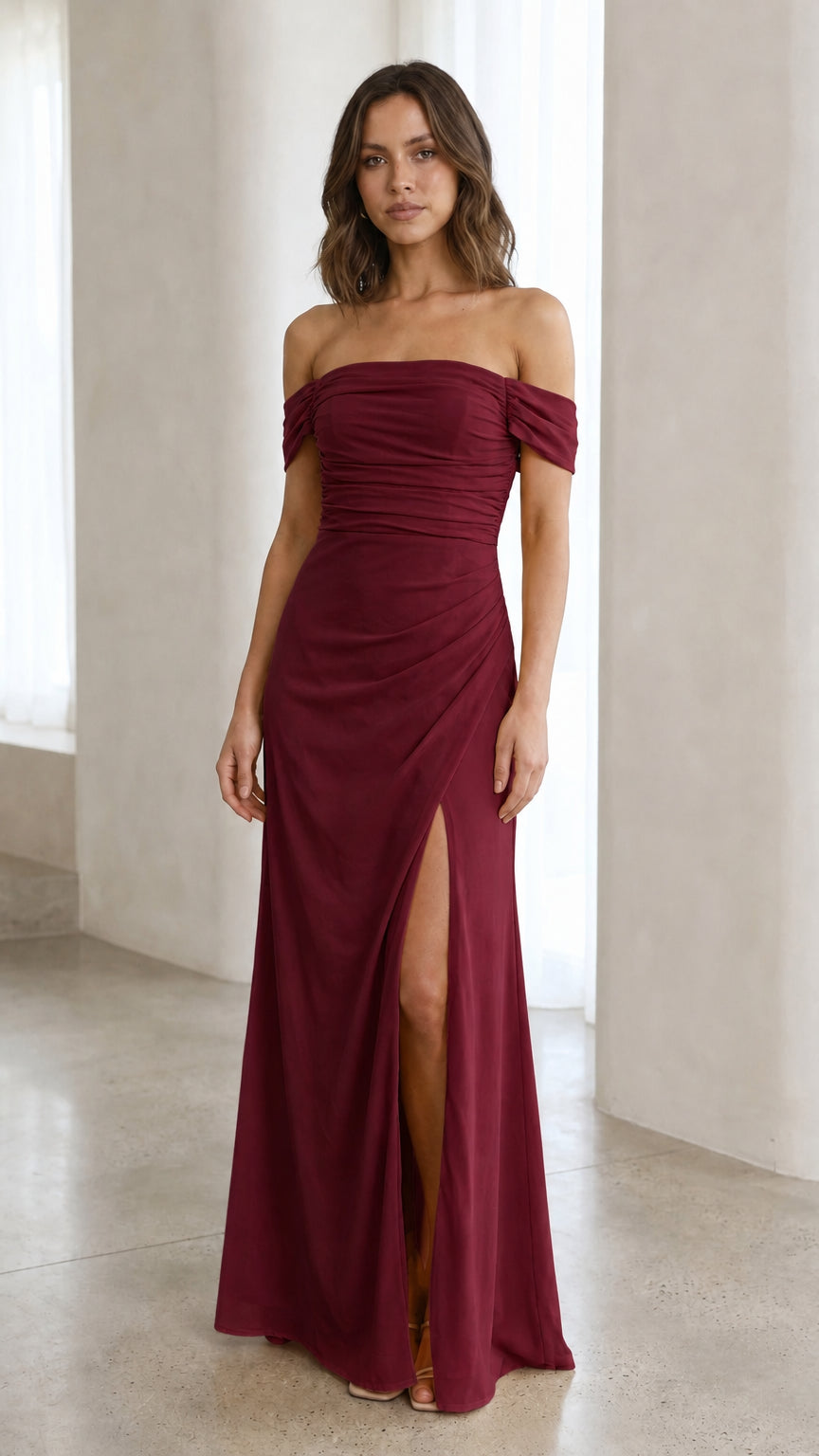 Front view of burgundy off-the-shoulder ruched maxi dress