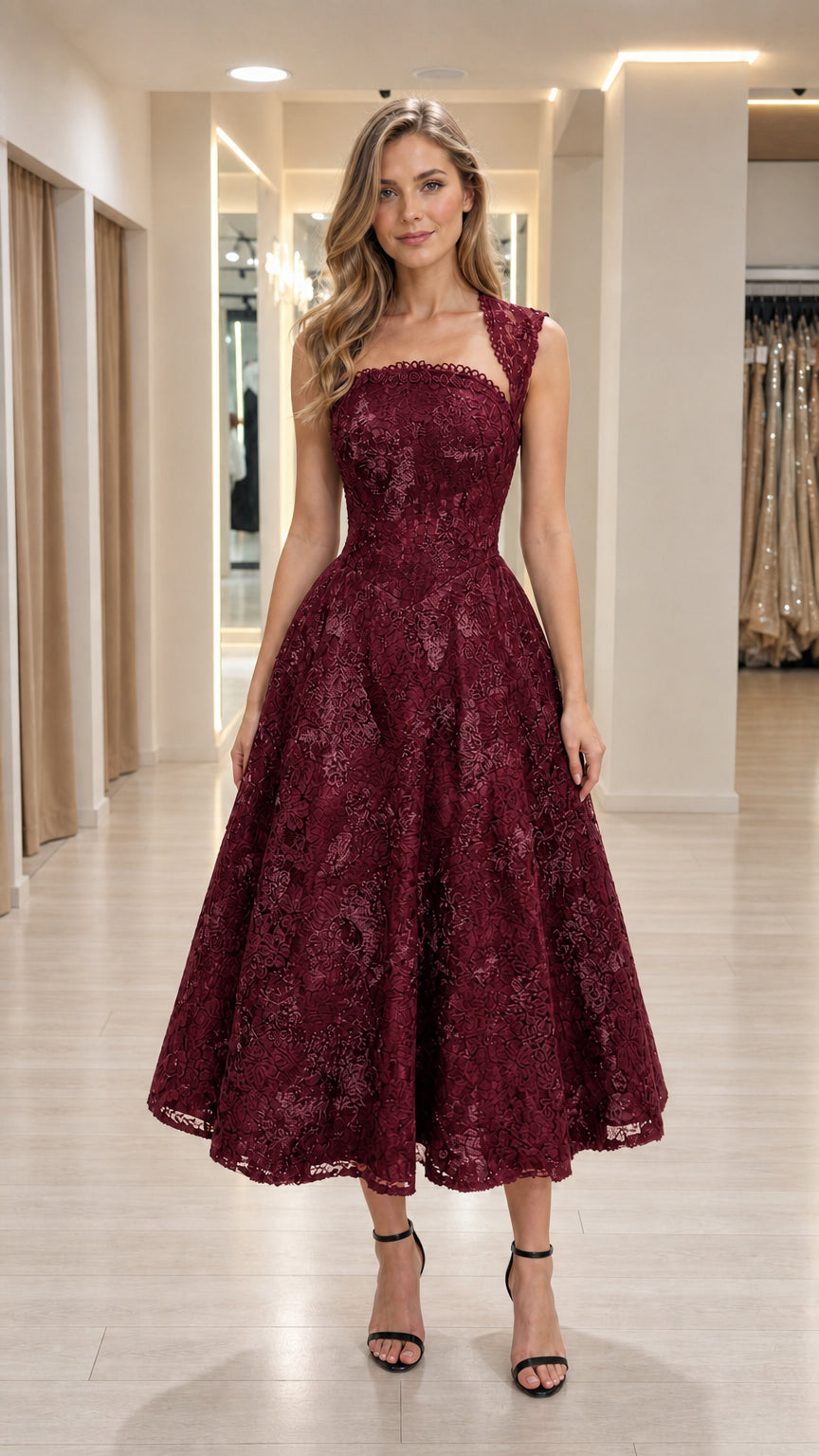 Front view of woman wearing burgundy lace midi dress