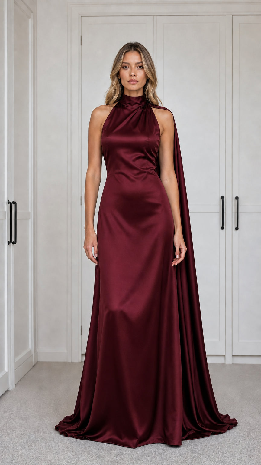 Burgundy Satin Mock Neck Maxi Dress front view