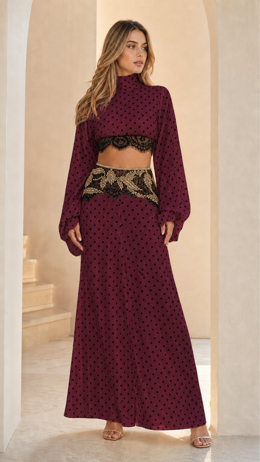 Burgundy polka dot two-piece maxi skirt and long sleeve crop top set