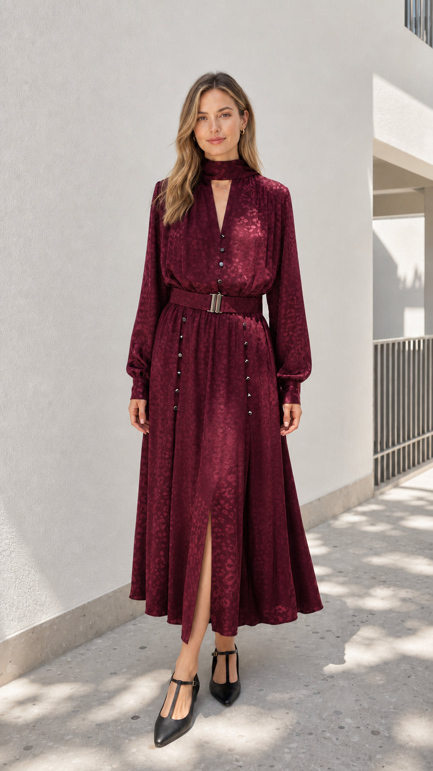 Model wearing burgundy mock neck midi dress