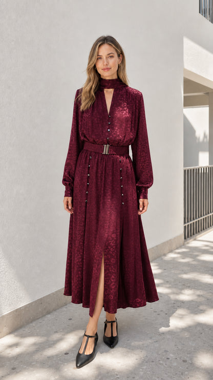 Model wearing burgundy mock neck midi dress