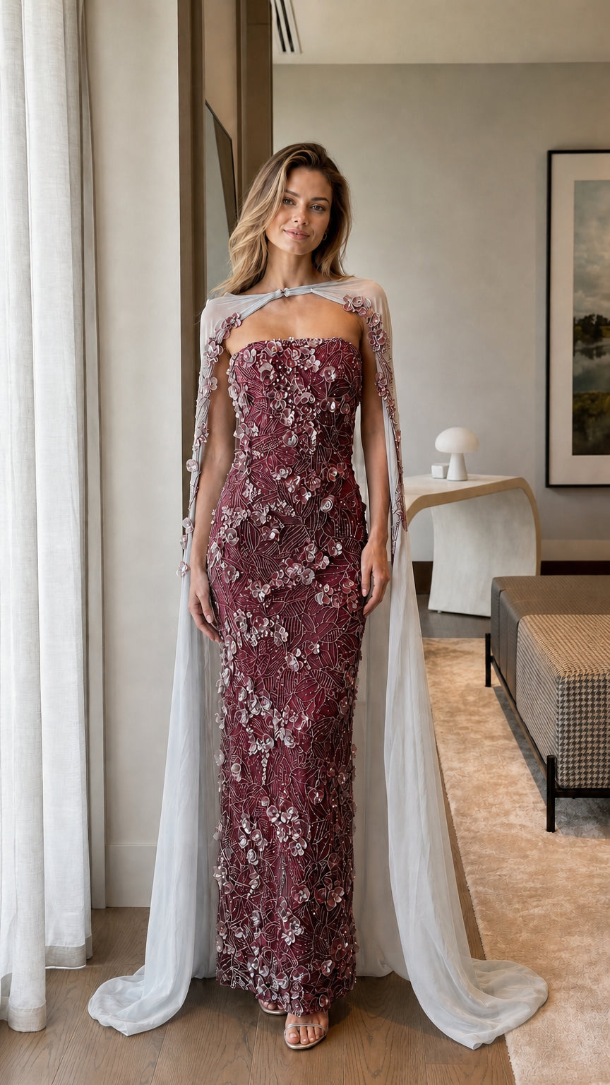 Burgundy red formal evening dress embellished with 3D flowers and sheer cape