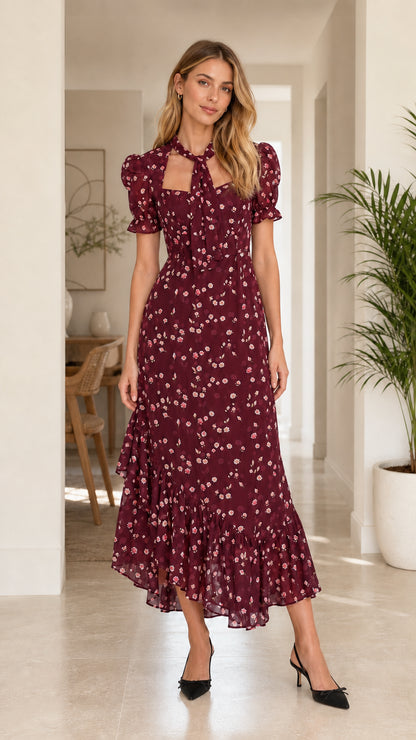 Woman wearing burgundy wine red floral tie-neck puff sleeve ruffle midi dress