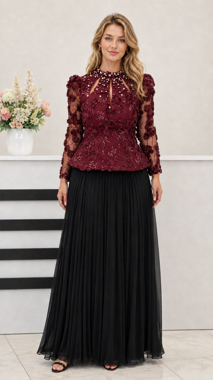 Burgundy wine lace peplum bodice with black pleated floor-length gown
