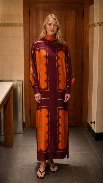 Front view of model wearing burgundy geometric print maxi dress