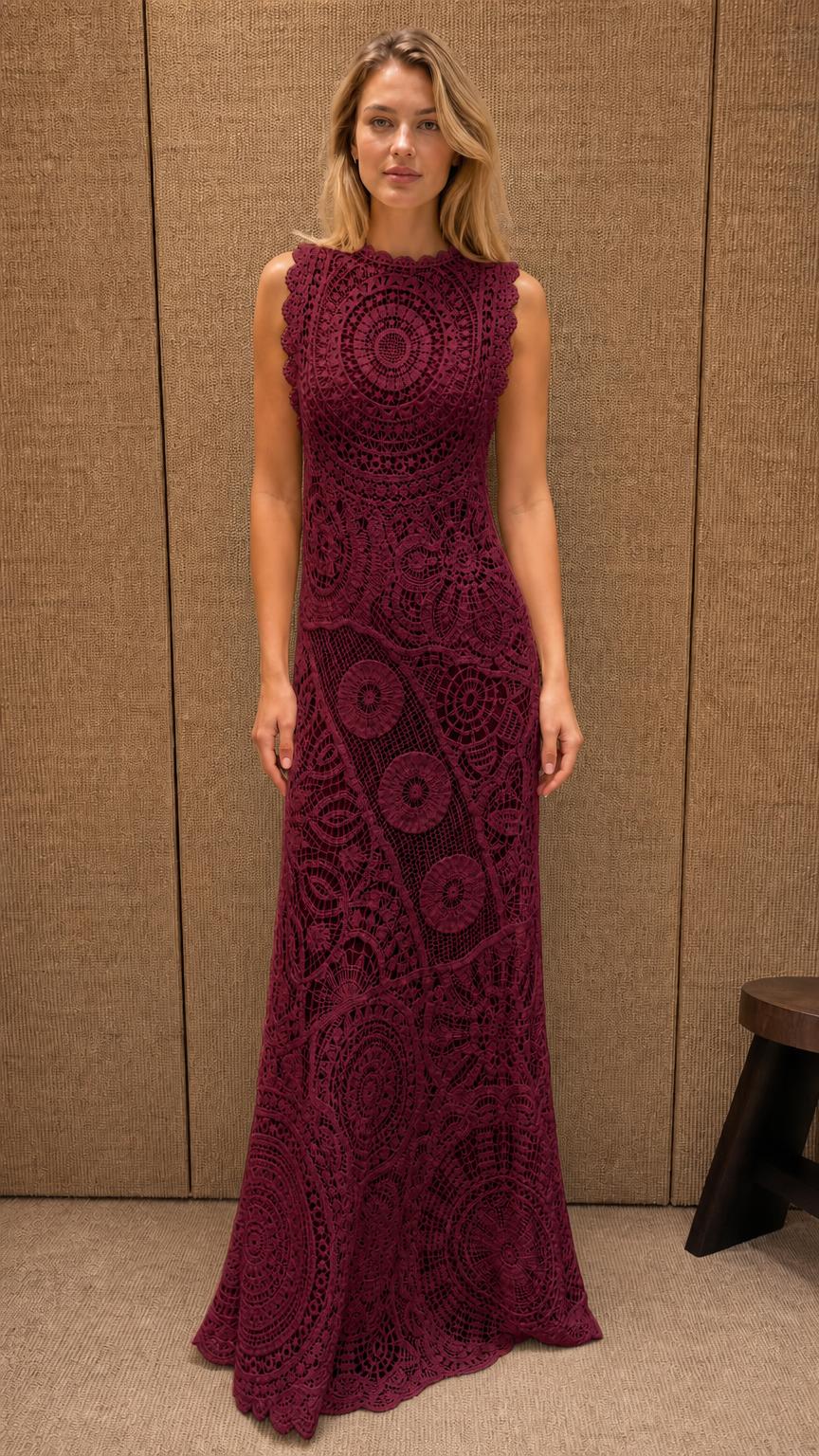 Front view of Burgundy cutwork lace maxi dress on model