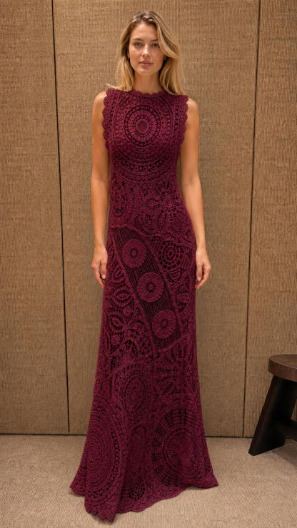 Front view of Burgundy cutwork lace maxi dress on model