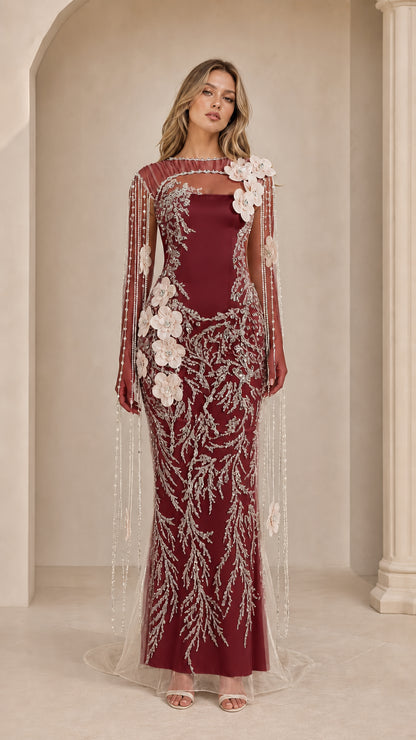 Burgundy red formal gala dress with beaded cape and floral embellishments