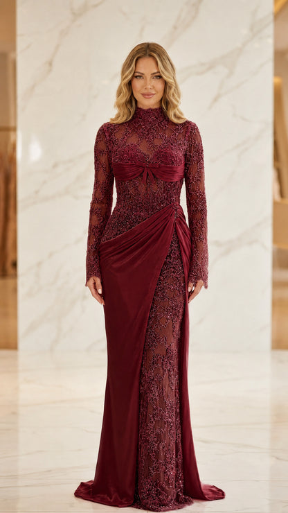 Model wearing burgundy lace and satin evening gown