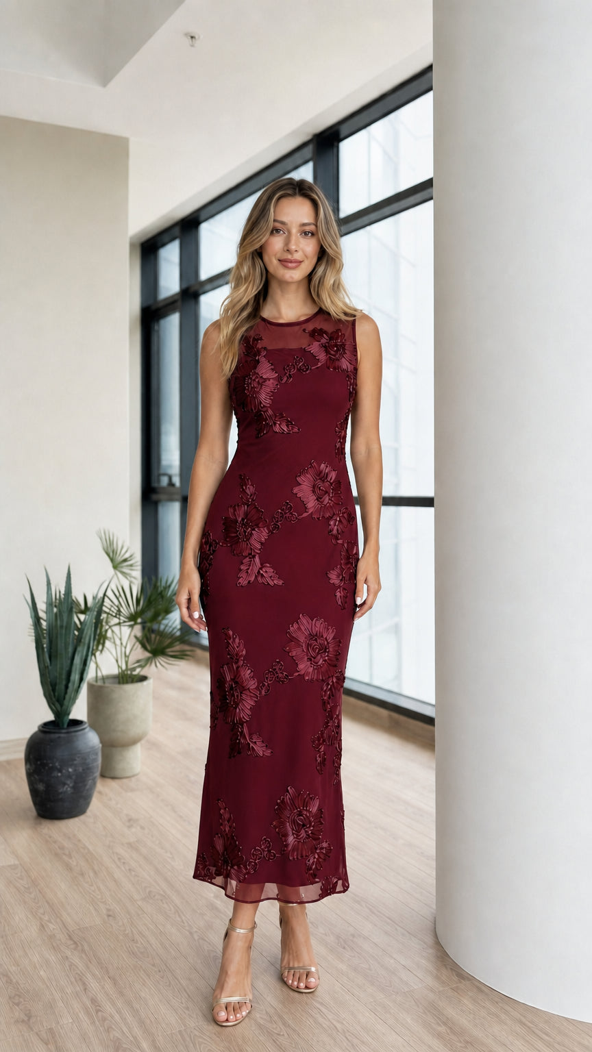Model wearing burgundy floral applique mesh midi dress