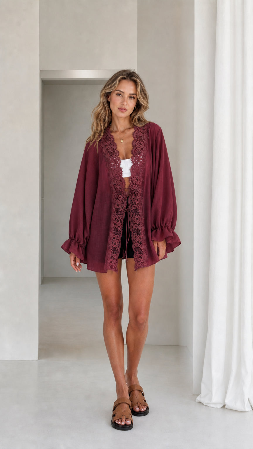 Model wearing burgundy lace trim kimono cardigan
