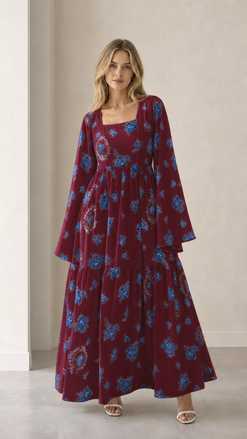 Burgundy wine floral square neck tiered maxi dress with flare sleeves