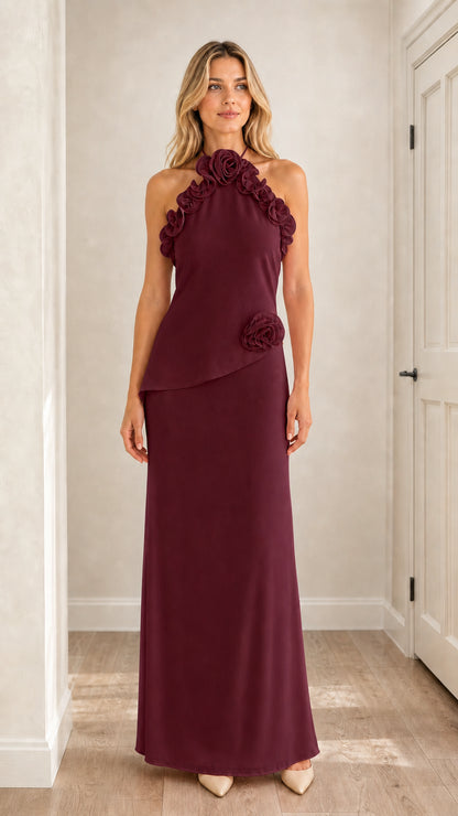 Front view of burgundy 3D floral halter maxi dress