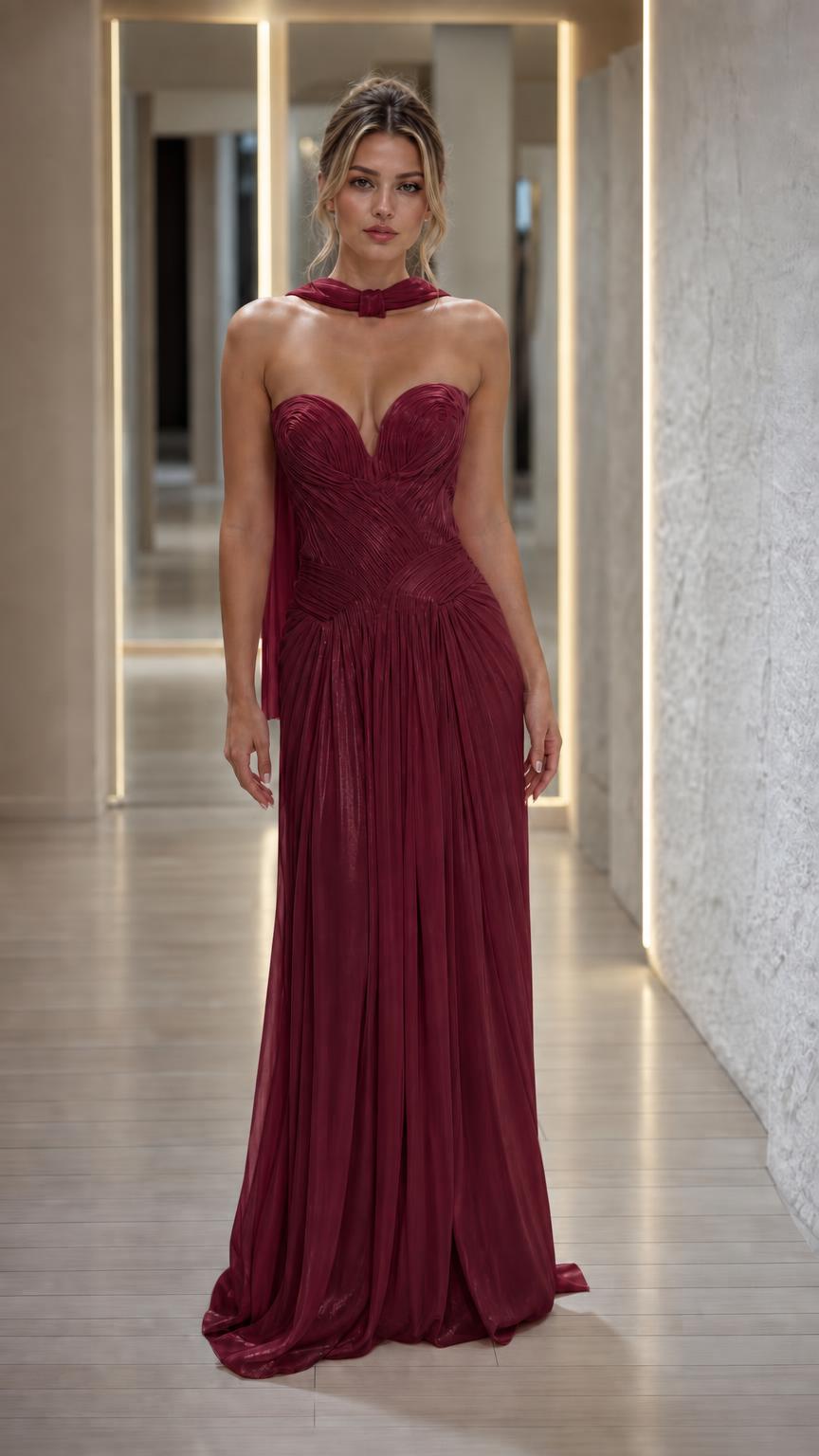 Front view of burgundy red pleated strapless evening dress