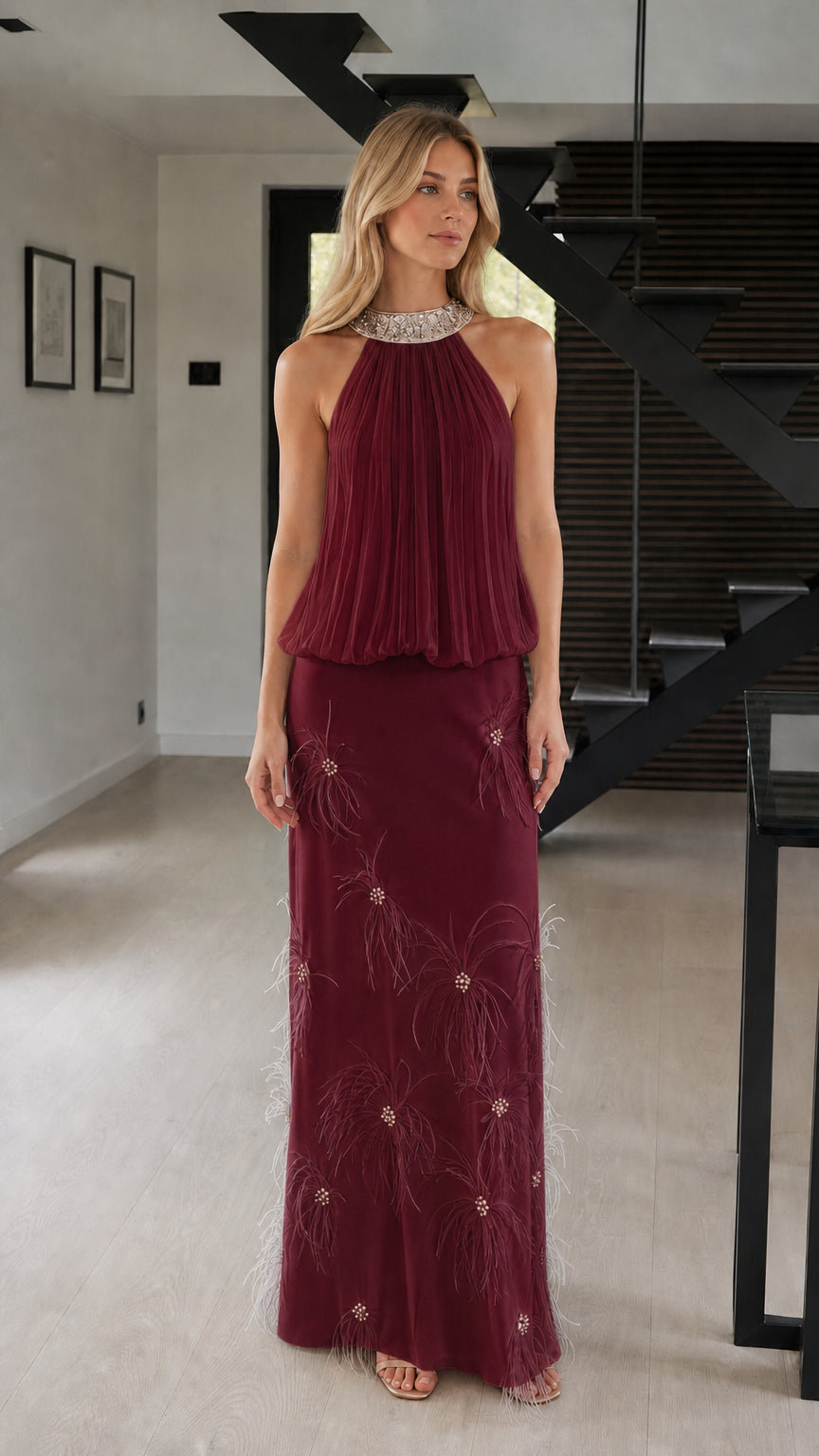 Front view of burgundy evening dress