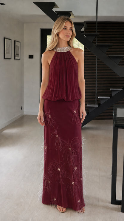 Front view of burgundy evening dress