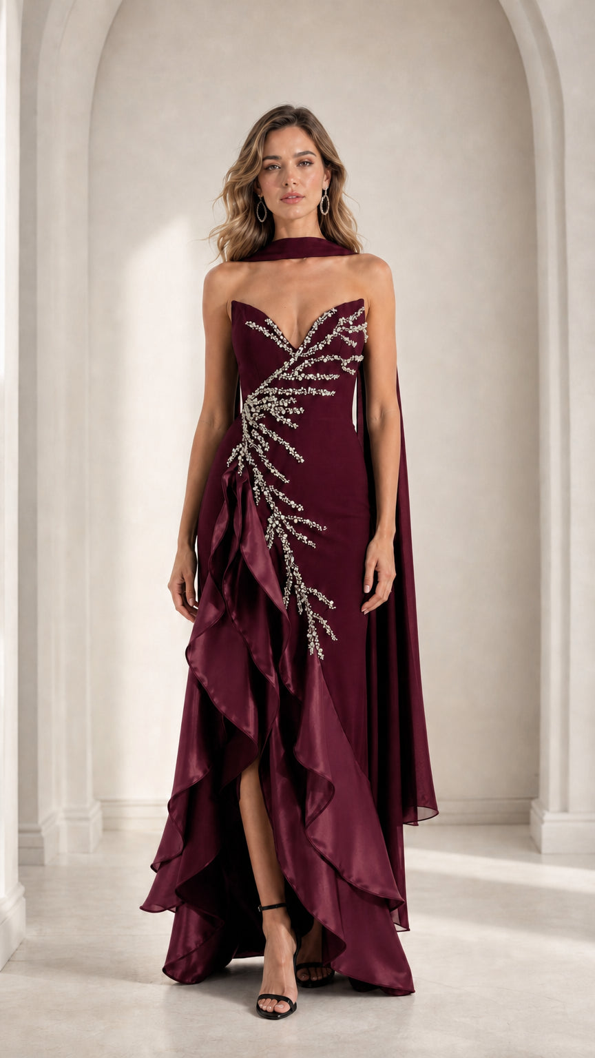 Burgundy wine red strapless beaded formal gown with ruffled skirt front view