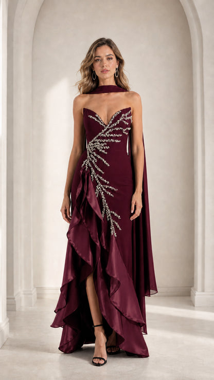 Burgundy wine red strapless beaded formal gown with ruffled skirt front view