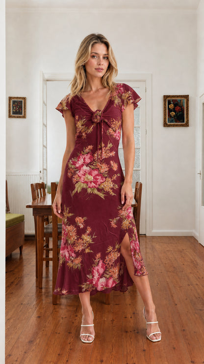 Model wearing burgundy wine floral flutter sleeve midi dress