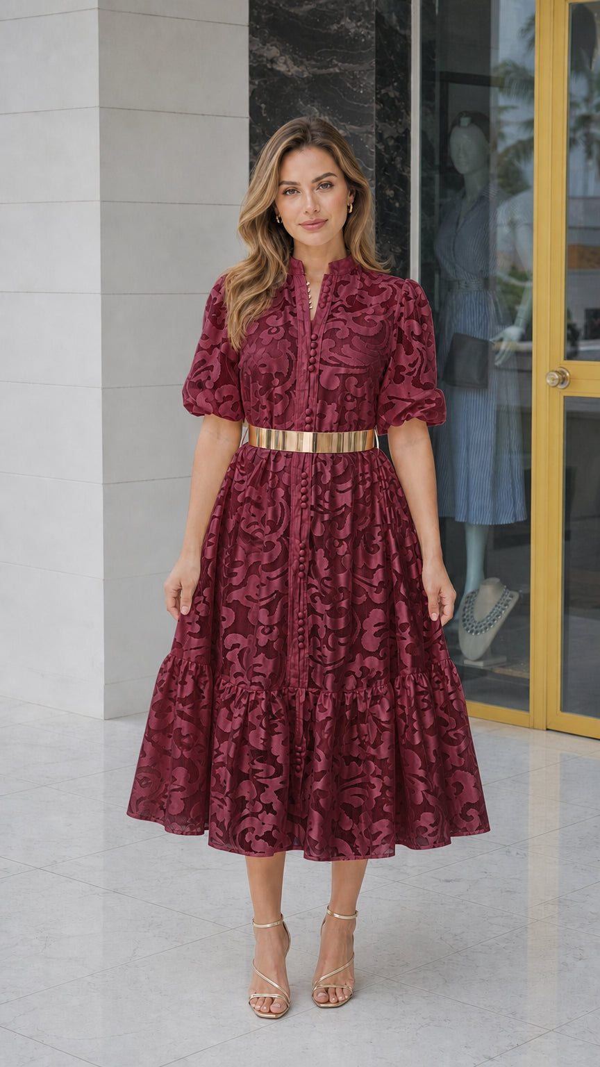 Model wearing burgundy lace midi dress