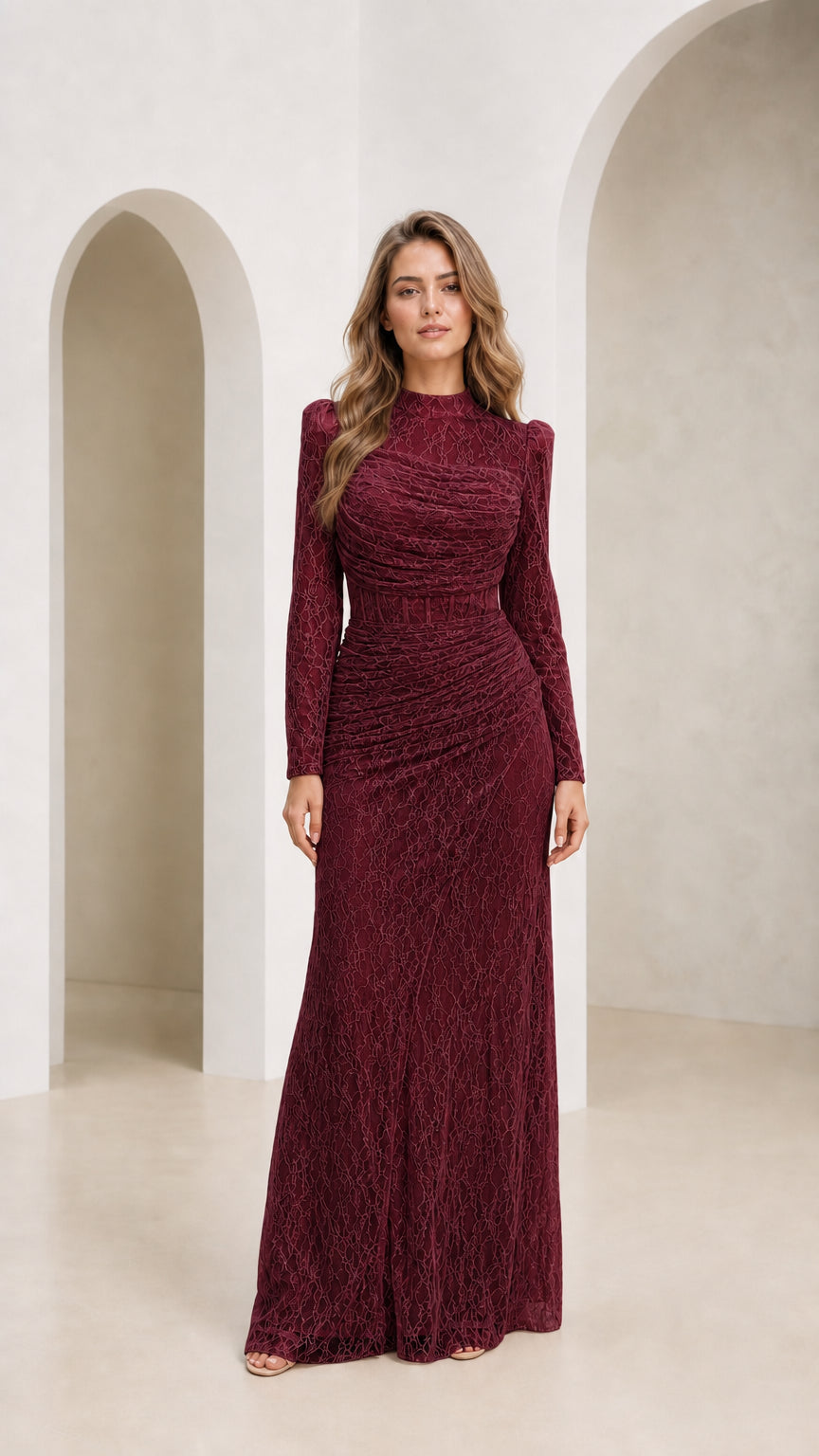 Model wearing burgundy lace evening dress