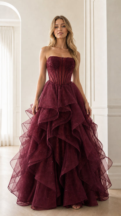 Burgundy wine red strapless tiered ruffle corset ball gown