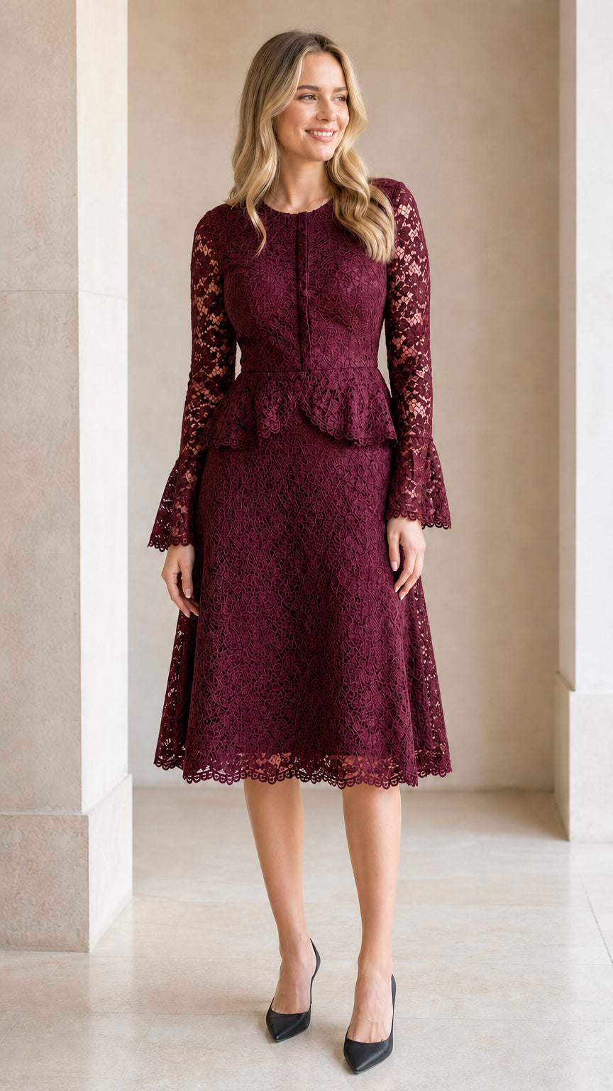 Front view of model wearing burgundy floral lace peplum midi dress